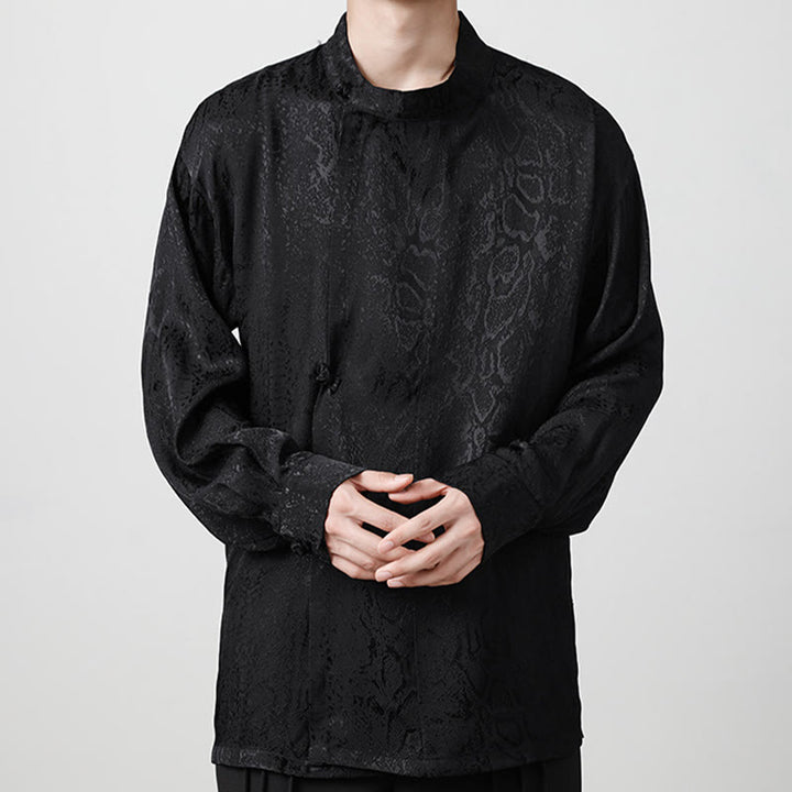 Buddha Stones秋 ジャカード 長袖 フロッグボタンシャツ メンズ 服 - 黒 - US/UK/AU46、 EU56 (5XL) - image 11