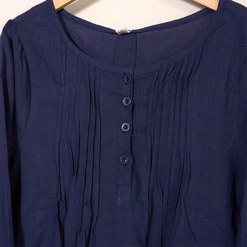 Buddha Stonesラウンドネック カジュアル プリーツ 長袖シャツ コットンリネン レディース シャツ - image 14