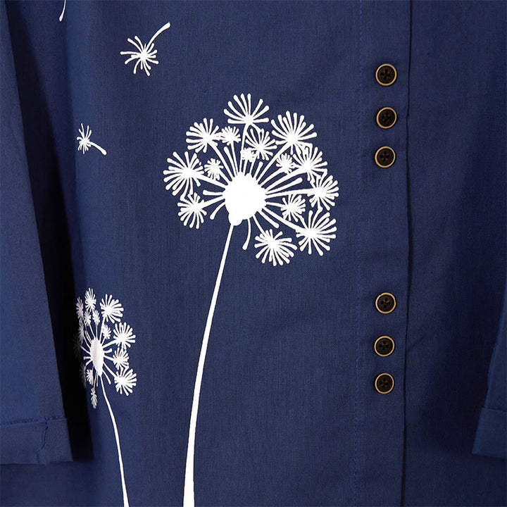 Buddha Stonesカジュアル ダンデライオン 長袖 ラウンドネック シャツ コットンリネン レディース シャツ