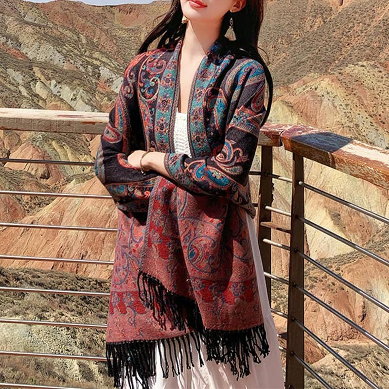 Buddha Stonesチベットカシューフラワータッセルショール秋冬用快適トラベルスカーフラップ