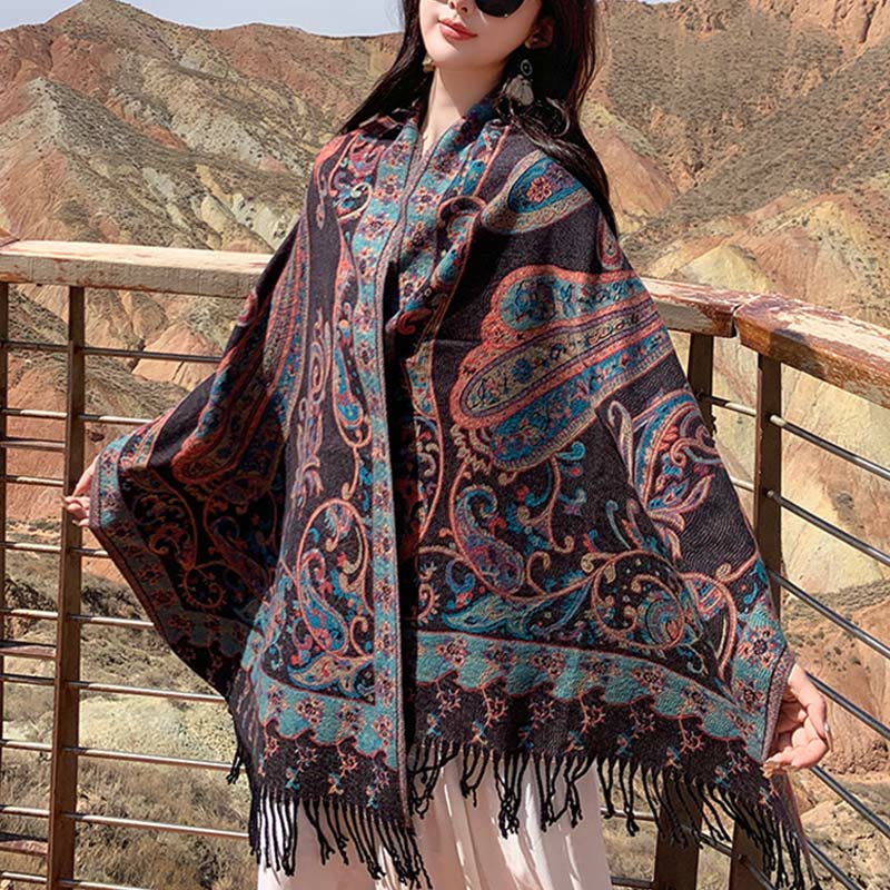 Buddha Stonesチベットカシューフラワータッセルショール秋冬用快適トラベルスカーフラップ