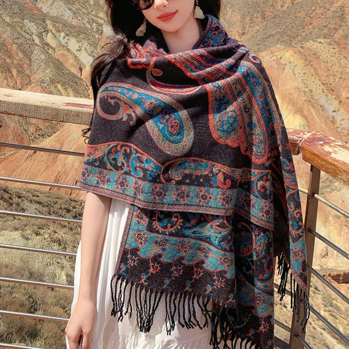 Buddha Stonesチベットカシューフラワータッセルショール秋冬用快適トラベルスカーフラップ