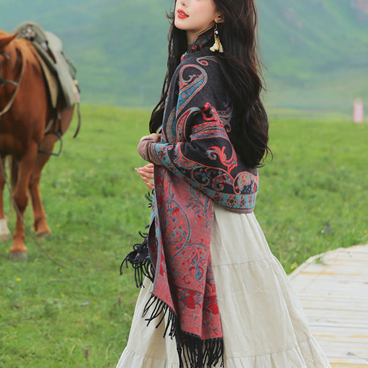 Buddha Stonesチベットカシューフラワータッセルショール秋冬用快適トラベルスカーフラップ