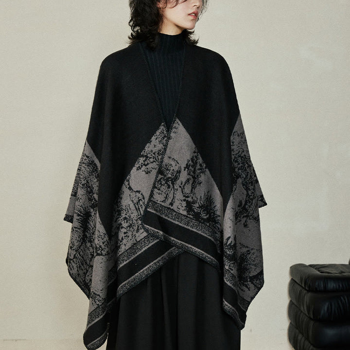 Buddha Stonesブラックグレー ニホンジカ 動物 森 両面 ショール 秋冬 暖かい スカーフ ラップ