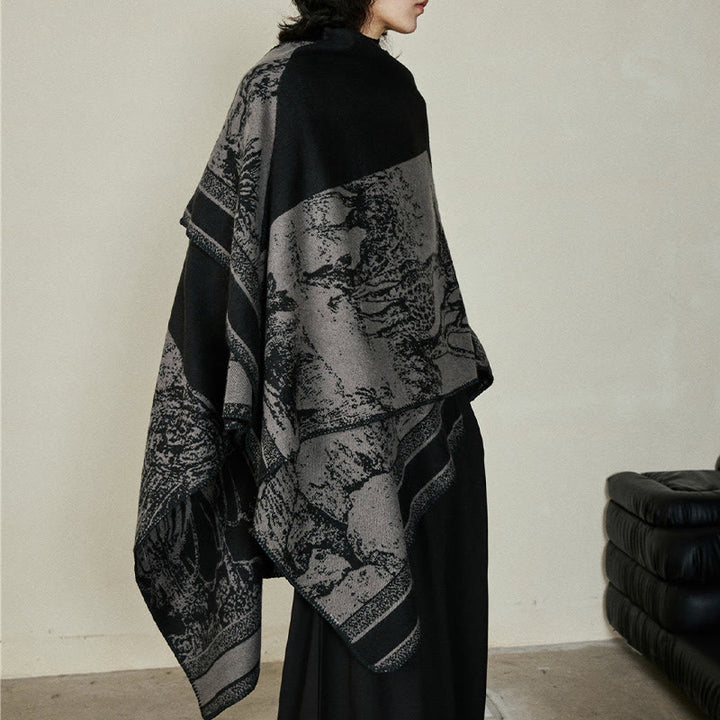 Buddha Stonesブラックグレー ニホンジカ 動物 森 両面 ショール 秋冬 暖かい スカーフ ラップ