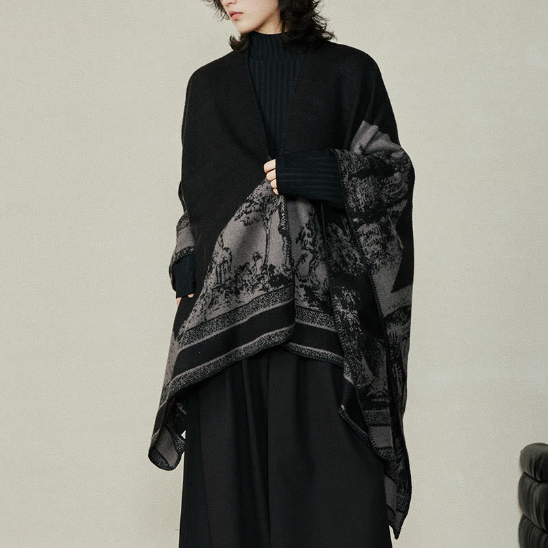 Buddha Stonesブラックグレー ニホンジカ 動物 森 両面 ショール 秋冬 暖かい スカーフ ラップ