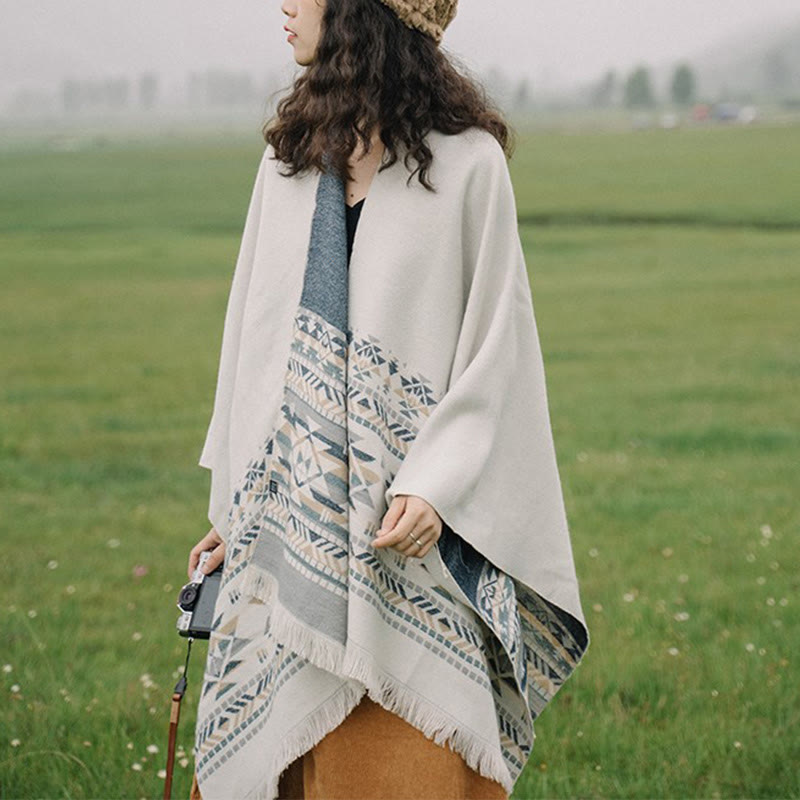 Buddha Stonesチベットベージュ幾何学模様タッセルショール秋冬暖かいスカーフラップ