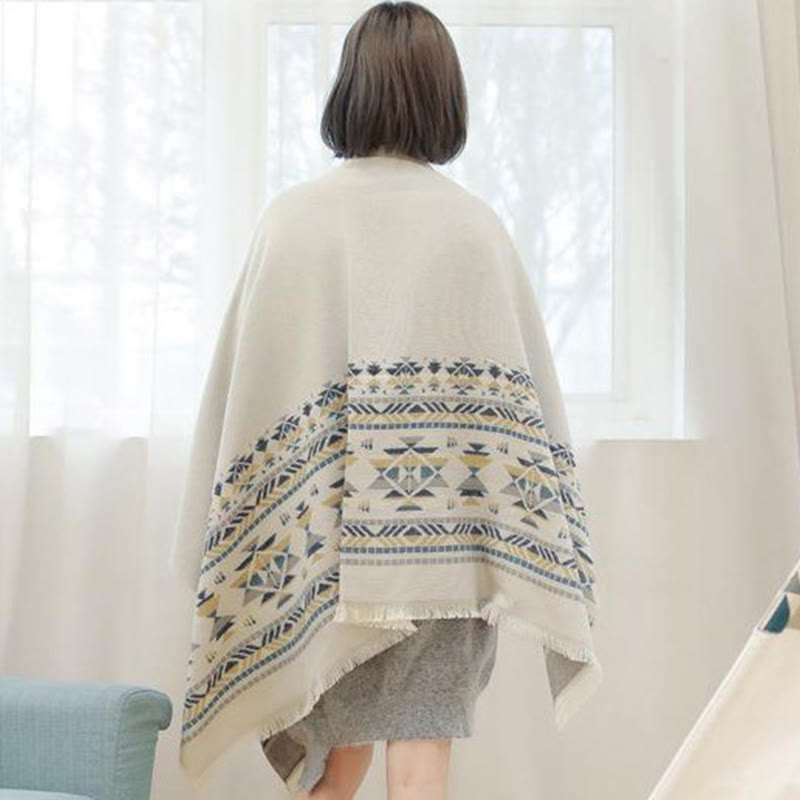 Buddha Stonesチベットベージュ幾何学模様タッセルショール秋冬暖かいスカーフラップ