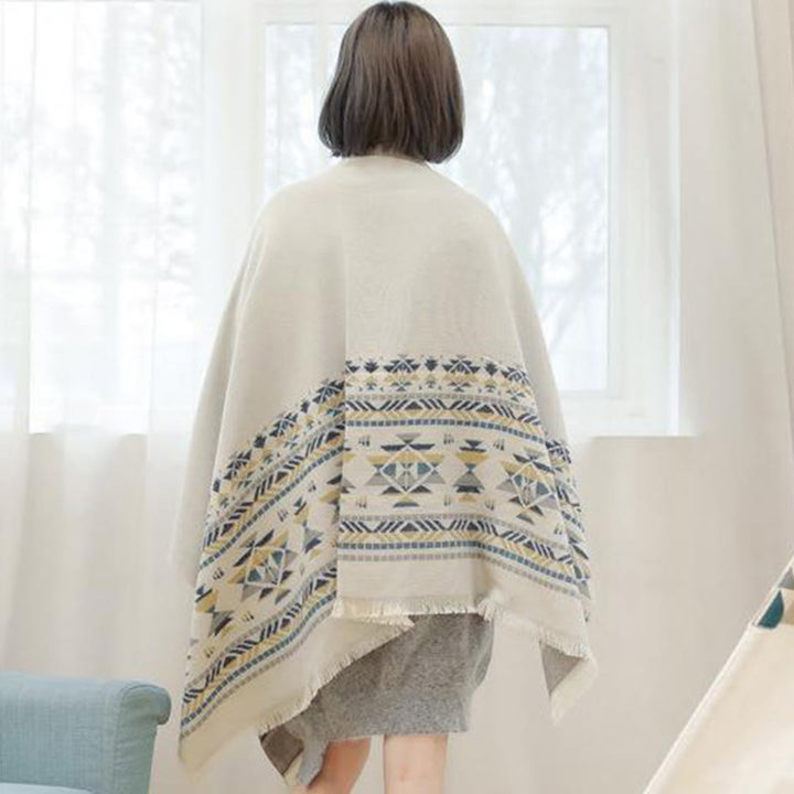 Buddha Stonesチベットベージュ幾何学模様タッセルショール秋冬暖かいスカーフラップ