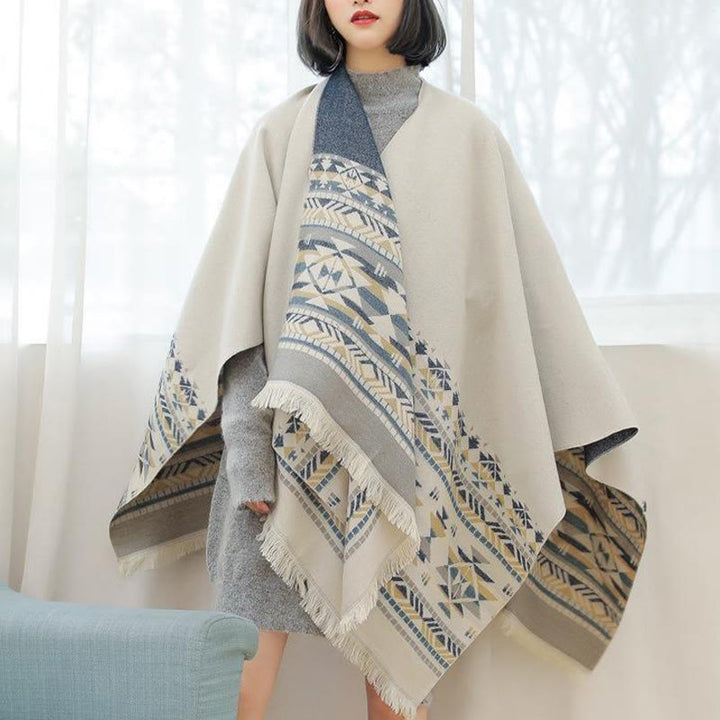 Buddha Stonesチベットベージュ幾何学模様タッセルショール秋冬暖かいスカーフラップ