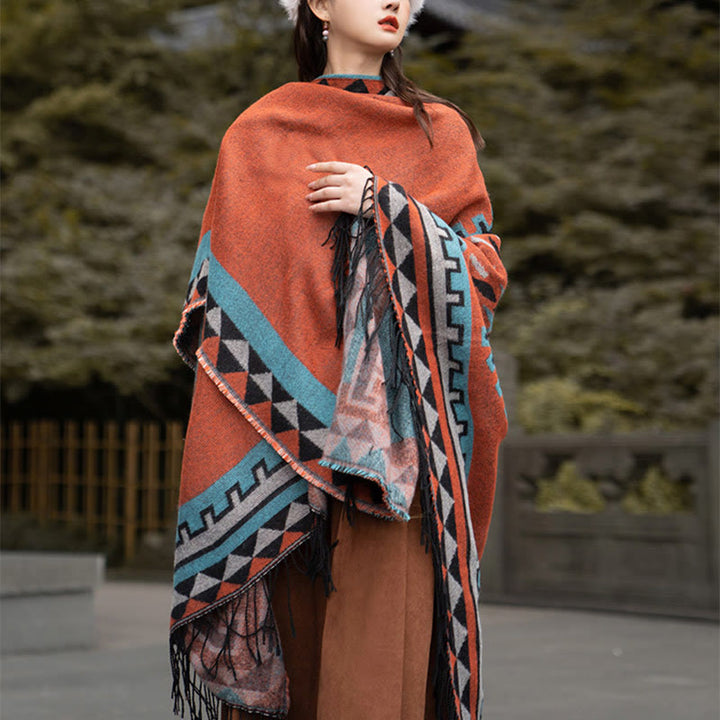 Buddha Stonesチベット オレンジ 幾何学模様 菱形模様 タッセル ショール 秋冬 暖かい スカーフ ラップ