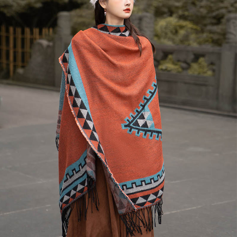 Buddha Stonesチベット オレンジ 幾何学模様 菱形模様 タッセル ショール 秋冬 暖かい スカーフ ラップ