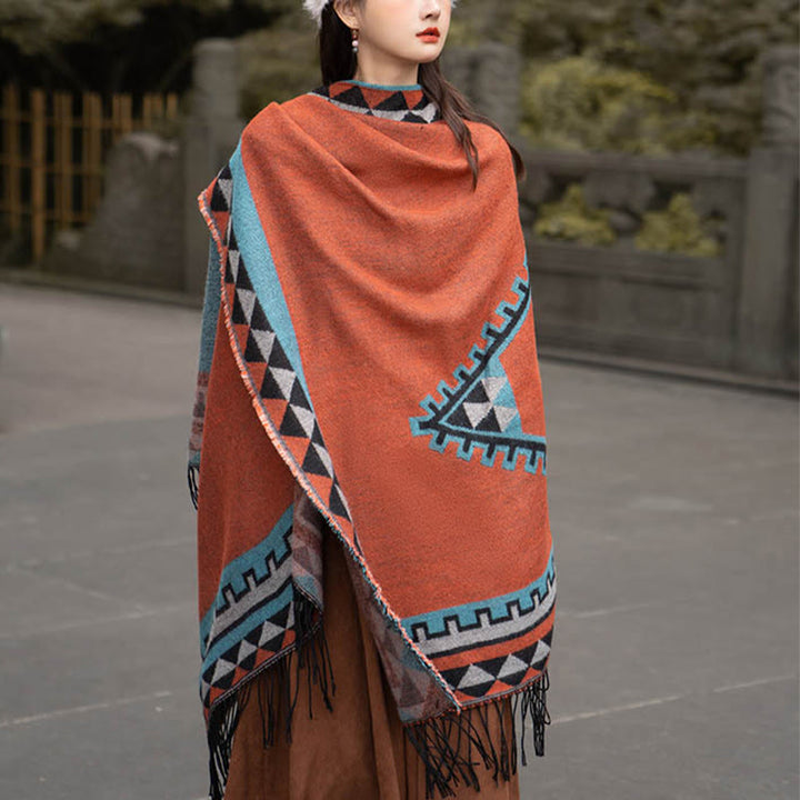 Buddha Stonesチベット オレンジ 幾何学模様 菱形模様 タッセル ショール 秋冬 暖かい スカーフ ラップ