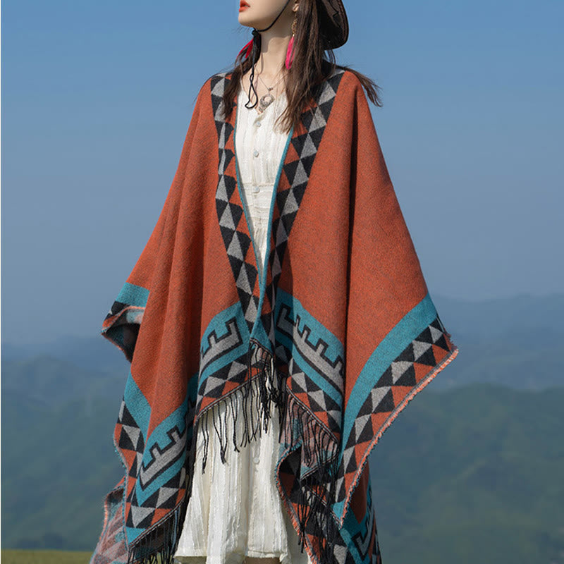 Buddha Stonesチベット オレンジ 幾何学模様 菱形模様 タッセル ショール 秋冬 暖かい スカーフ ラップ