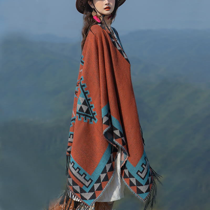 Buddha Stonesチベット オレンジ 幾何学模様 菱形模様 タッセル ショール 秋冬 暖かい スカーフ ラップ