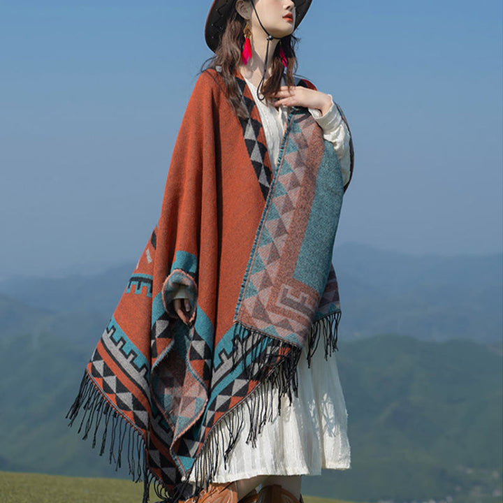 Buddha Stonesチベット オレンジ 幾何学模様 菱形模様 タッセル ショール 秋冬 暖かい スカーフ ラップ