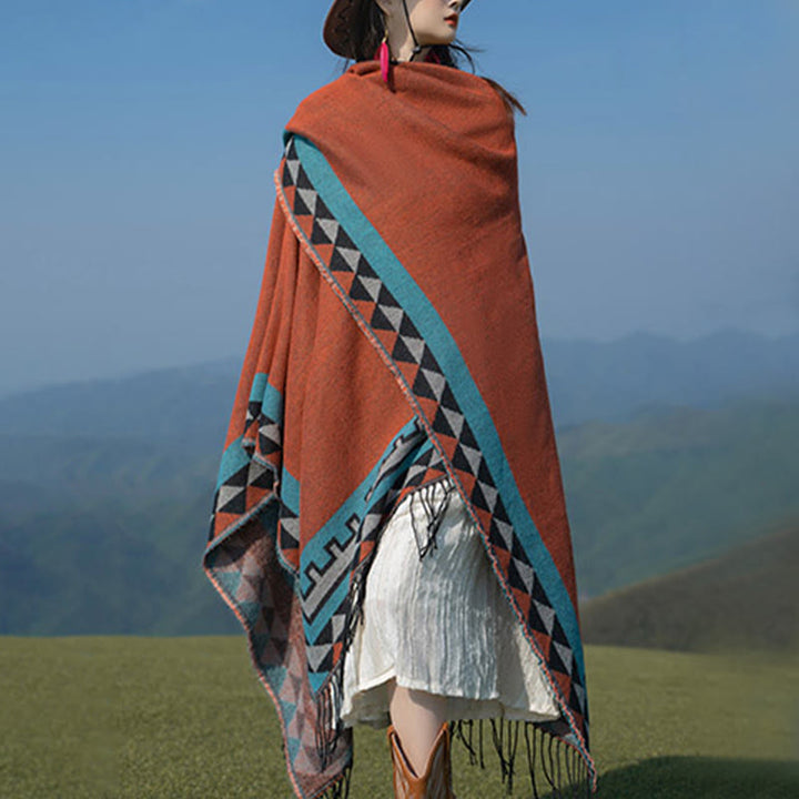 Buddha Stonesチベット オレンジ 幾何学模様 菱形模様 タッセル ショール 秋冬 暖かい スカーフ ラップ