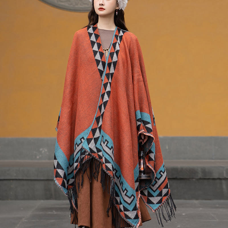 Buddha Stonesチベット オレンジ 幾何学模様 菱形模様 タッセル ショール 秋冬 暖かい スカーフ ラップ