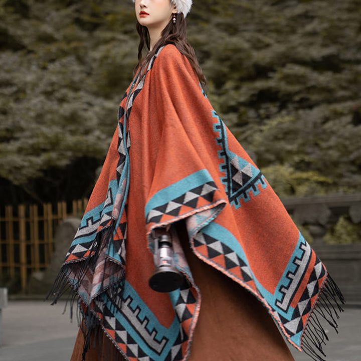 Buddha Stonesチベット オレンジ 幾何学模様 菱形模様 タッセル ショール 秋冬 暖かい スカーフ ラップ