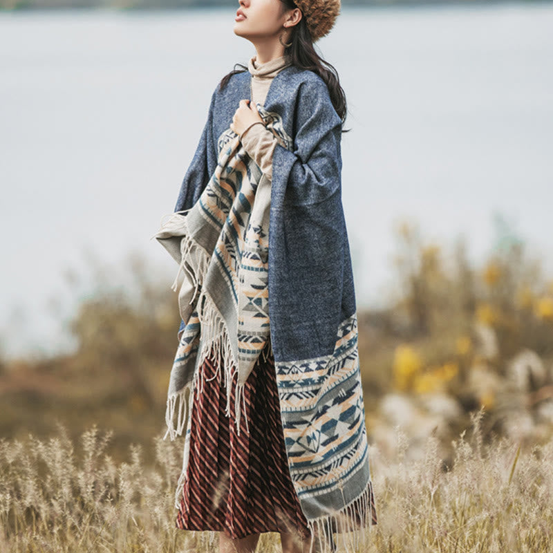 Buddha Stones幾何学模様 菱形模様 タッセルショール 秋冬 暖かい 心地良い スカーフ ラップ