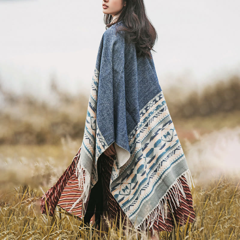 Buddha Stones幾何学模様 菱形模様 タッセルショール 秋冬 暖かい 心地良い スカーフ ラップ