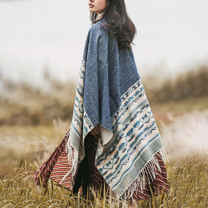 Buddha Stones幾何学模様 菱形模様 タッセルショール 秋冬 暖かい 心地良い スカーフ ラップ