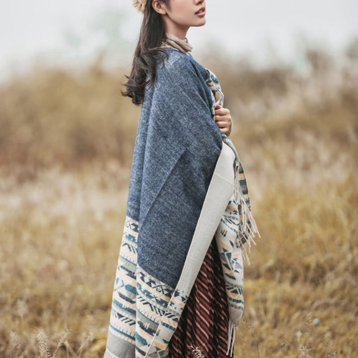 Buddha Stones幾何学模様 菱形模様 タッセルショール 秋冬 暖かい 心地良い スカーフ ラップ