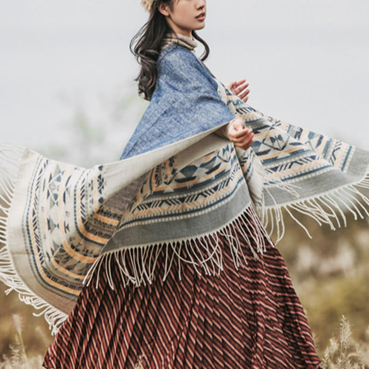 Buddha Stones幾何学模様 菱形模様 タッセルショール 秋冬 暖かい 心地良い スカーフ ラップ