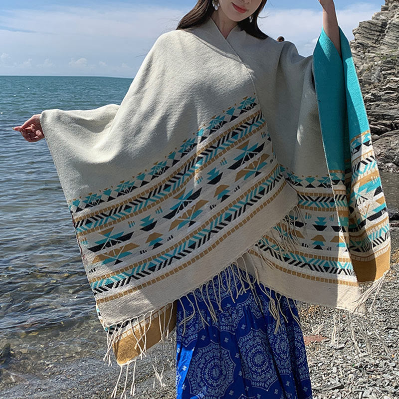 Buddha Stones幾何学模様 菱形模様 タッセルショール 秋冬 暖かい 心地良い スカーフ ラップ