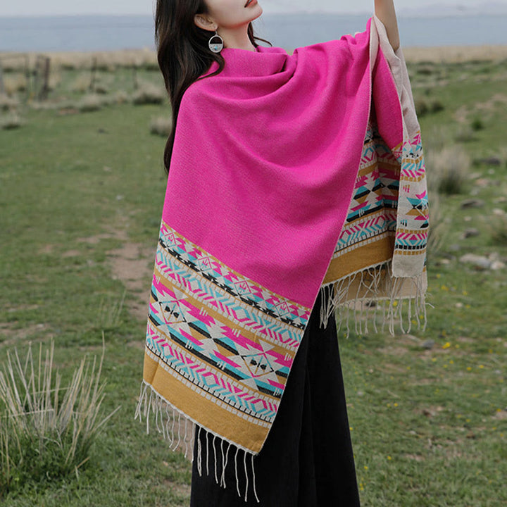 Buddha Stones幾何学模様 菱形模様 タッセルショール 秋冬 暖かい 心地良い スカーフ ラップ