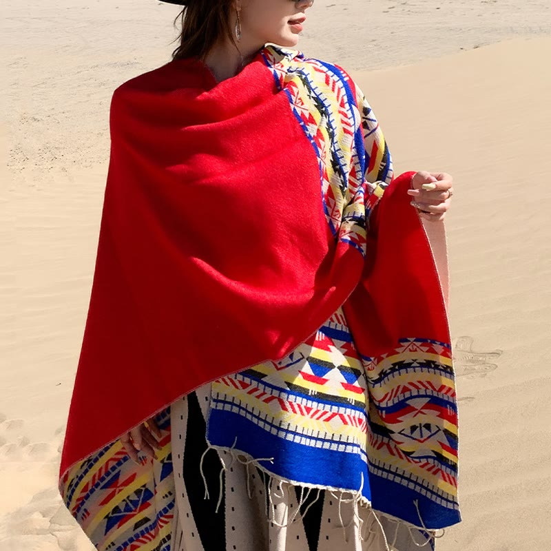 Buddha Stones幾何学模様 菱形模様 タッセルショール 秋冬 暖かい 心地良い スカーフ ラップ