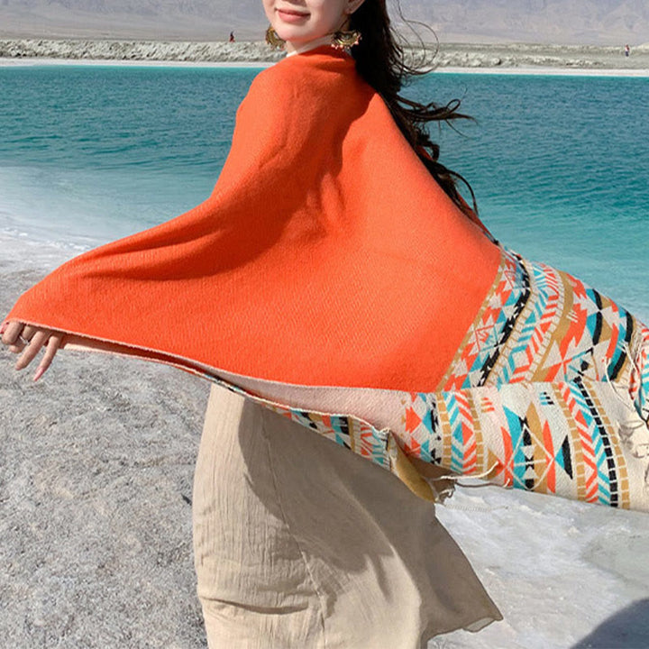 Buddha Stones幾何学模様 菱形模様 タッセルショール 秋冬 暖かい 心地良い スカーフ ラップ