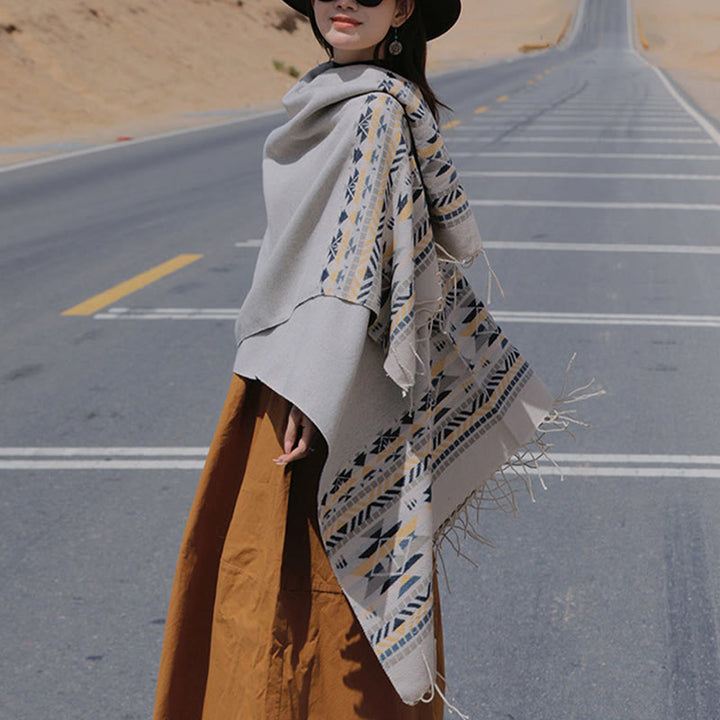 Buddha Stones幾何学模様 菱形模様 タッセルショール 秋冬 暖かい 心地良い スカーフ ラップ