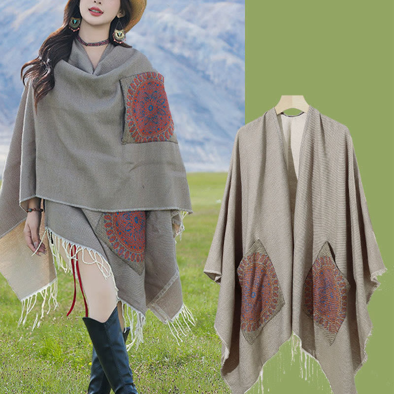 Buddha Stones幾何学模様 円形 曼荼羅柄 タッセルショール 秋冬 ポケット付き 心地よいスカーフ ラップ