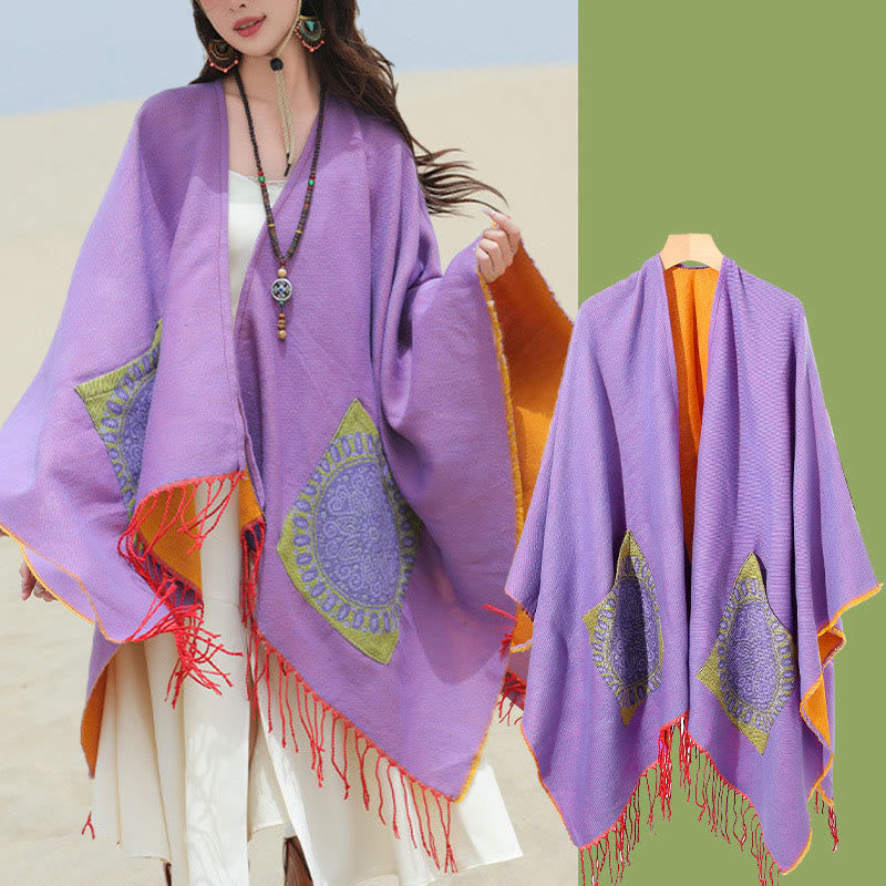 Buddha Stones幾何学模様 円形 曼荼羅柄 タッセルショール 秋冬 ポケット付き 心地よいスカーフ ラップ