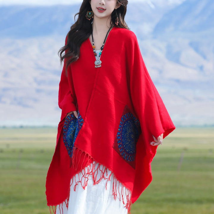 Buddha Stones幾何学模様 円形 曼荼羅柄 タッセルショール 秋冬 ポケット付き 心地よいスカーフ ラップ