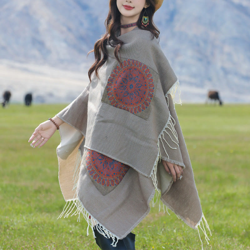 Buddha Stones幾何学模様 円形 曼荼羅柄 タッセルショール 秋冬 ポケット付き 心地よいスカーフ ラップ