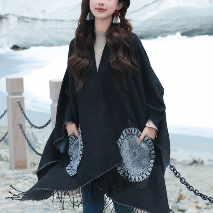 Buddha Stones幾何学模様 円形 曼荼羅柄 タッセルショール 秋冬 ポケット付き 心地よいスカーフ ラップ