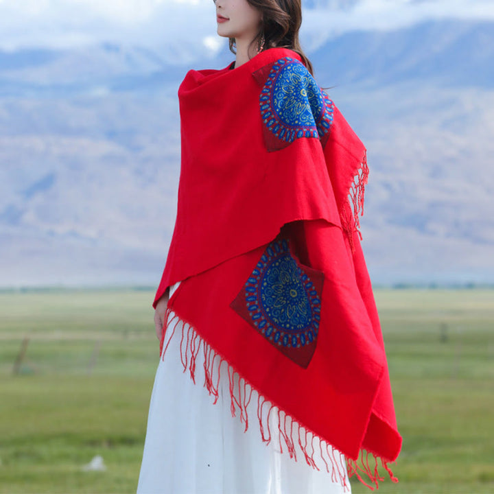 Buddha Stones幾何学模様 円形 曼荼羅柄 タッセルショール 秋冬 ポケット付き 心地よいスカーフ ラップ