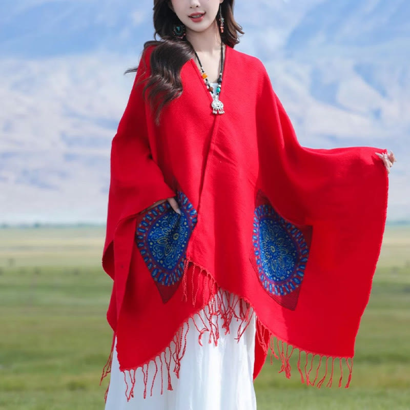 Buddha Stones幾何学模様 円形 曼荼羅柄 タッセルショール 秋冬 ポケット付き 心地よいスカーフ ラップ