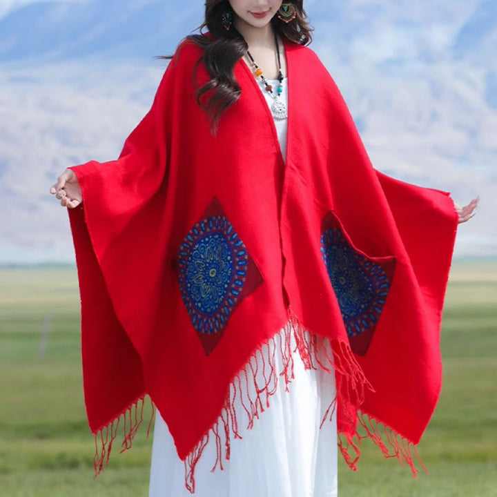 Buddha Stones幾何学模様 円形 曼荼羅柄 タッセルショール 秋冬 ポケット付き 心地よいスカーフ ラップ