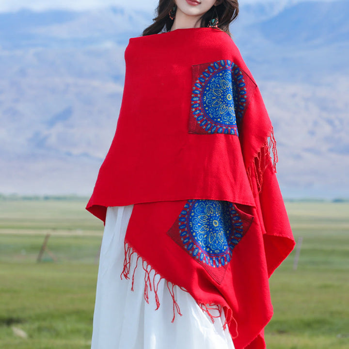 Buddha Stones幾何学模様 円形 曼荼羅柄 タッセルショール 秋冬 ポケット付き 心地よいスカーフ ラップ