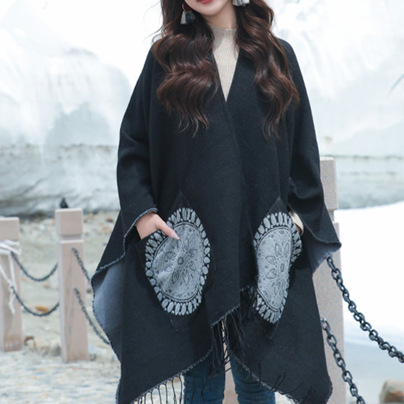 Buddha Stones幾何学模様 円形 曼荼羅柄 タッセルショール 秋冬 ポケット付き 心地よいスカーフ ラップ