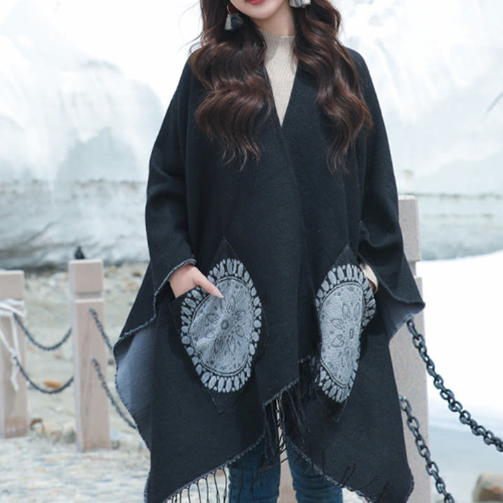 Buddha Stones幾何学模様 円形 曼荼羅柄 タッセルショール 秋冬 ポケット付き 心地よいスカーフ ラップ