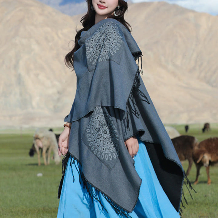 Buddha Stones幾何学模様 円形 曼荼羅柄 タッセルショール 秋冬 ポケット付き 心地よいスカーフ ラップ