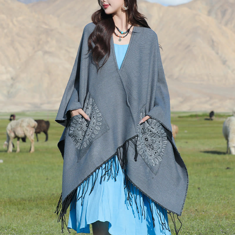 Buddha Stones幾何学模様 円形 曼荼羅柄 タッセルショール 秋冬 ポケット付き 心地よいスカーフ ラップ