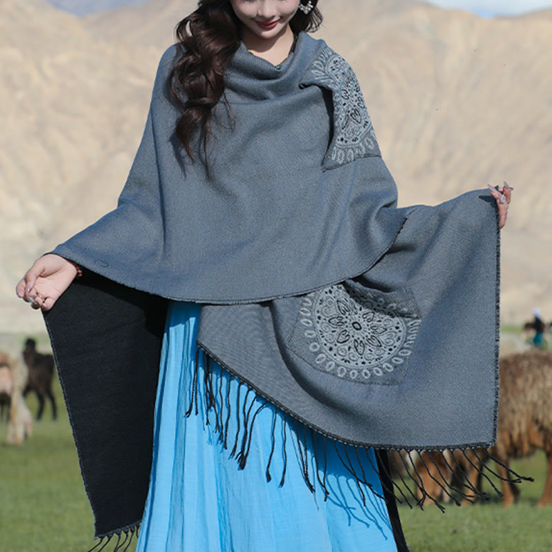 Buddha Stones幾何学模様 円形 曼荼羅柄 タッセルショール 秋冬 ポケット付き 心地よいスカーフ ラップ