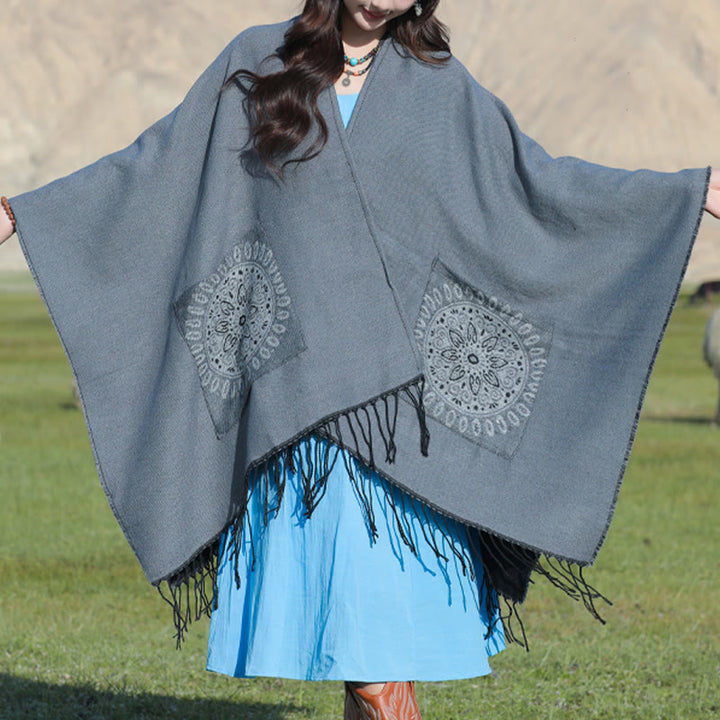 Buddha Stones幾何学模様 円形 曼荼羅柄 タッセルショール 秋冬 ポケット付き 心地よいスカーフ ラップ