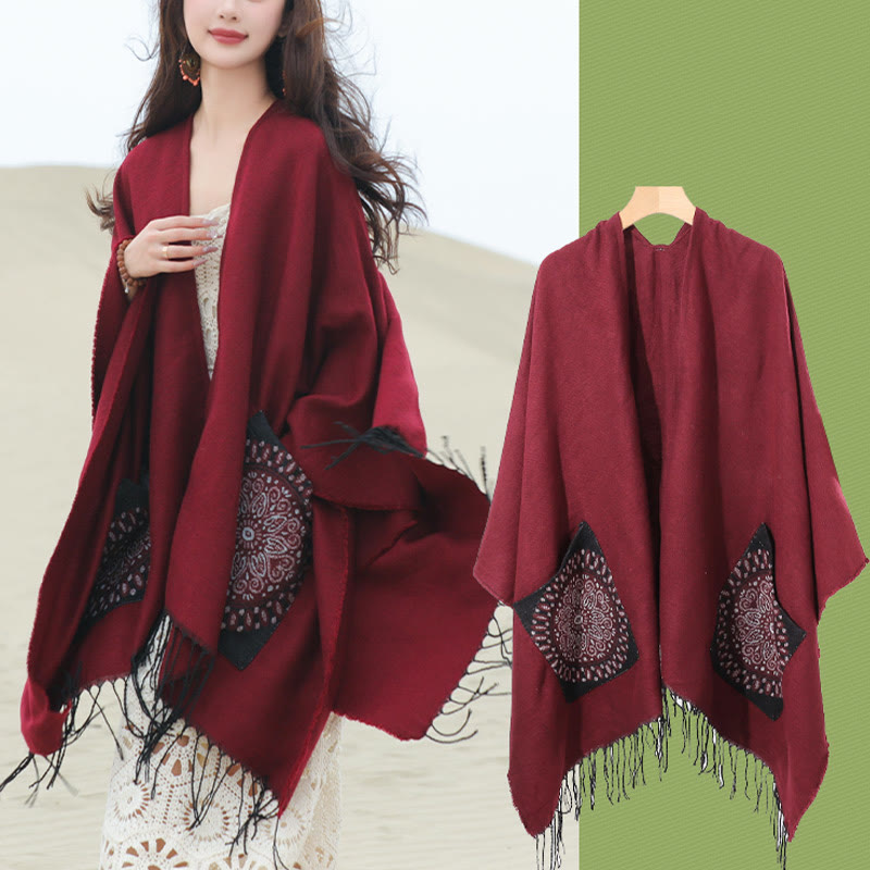 Buddha Stones幾何学模様 円形 曼荼羅柄 タッセルショール 秋冬 ポケット付き 心地よいスカーフ ラップ