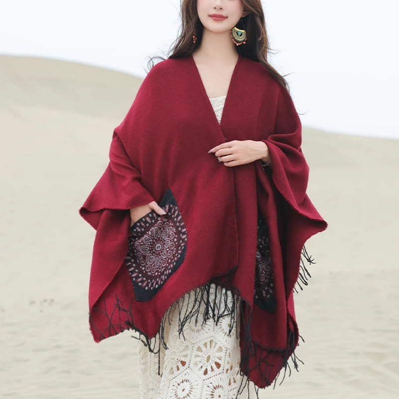 Buddha Stones幾何学模様 円形 曼荼羅柄 タッセルショール 秋冬 ポケット付き 心地よいスカーフ ラップ